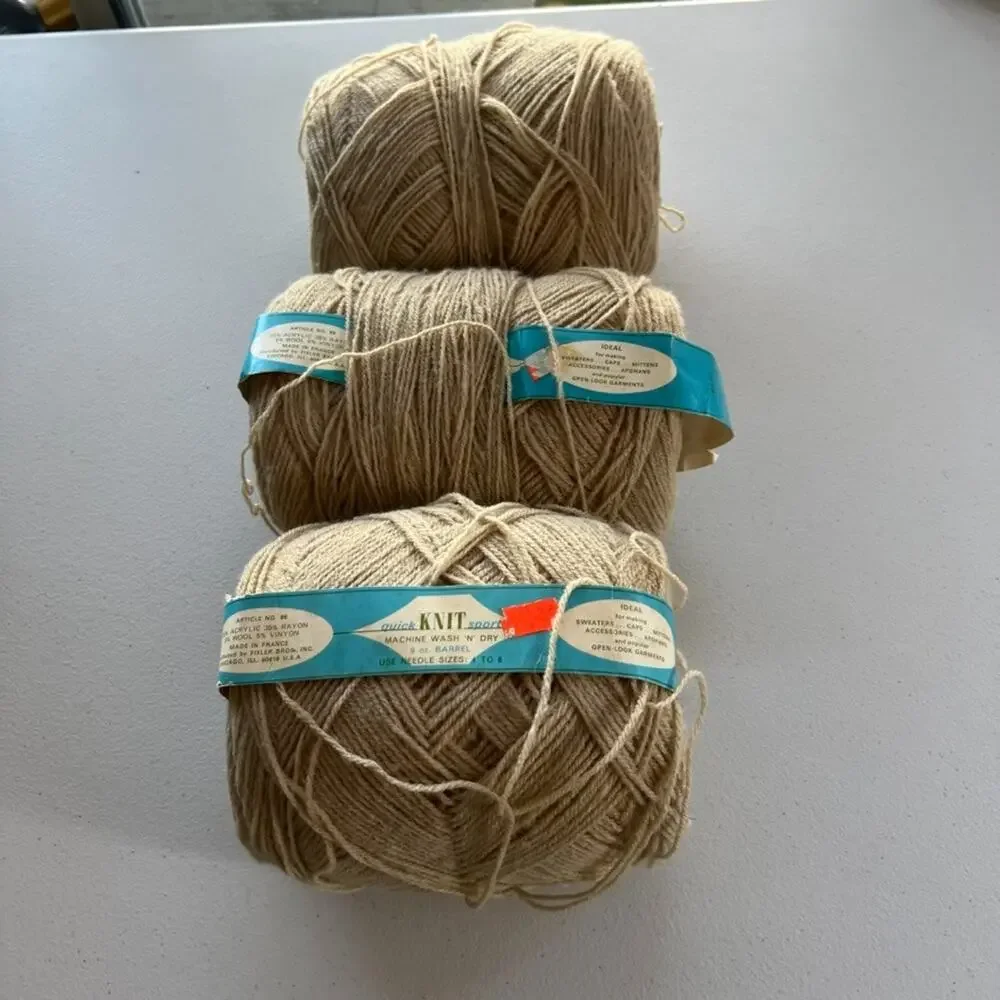 Vintage Quick Knit Sport Yarn Barrels Beige Color Lot Of 3